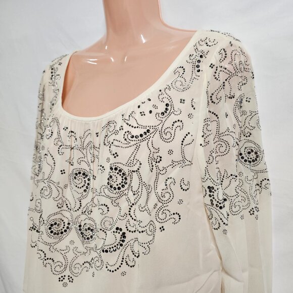 St. John Beaded 100% Silk Lined Top Blouse Women Size 14 Ivory - Picture 7 of 14